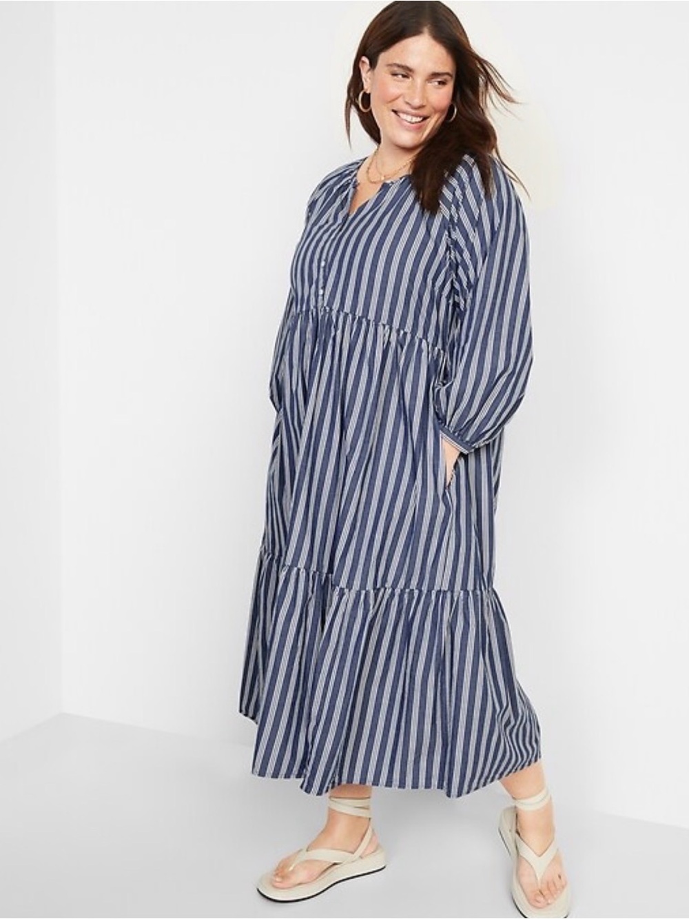 Old Navy Dobby Stripe Button Front All Day Swing Dress Long Sleeve Size L